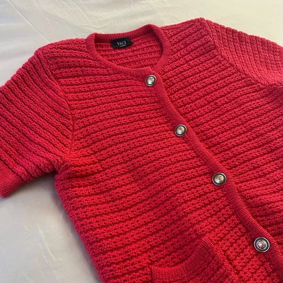 VICI Red Short Sleeve Estelle Crochet Cardigan, Size L - Picture 4 of 10